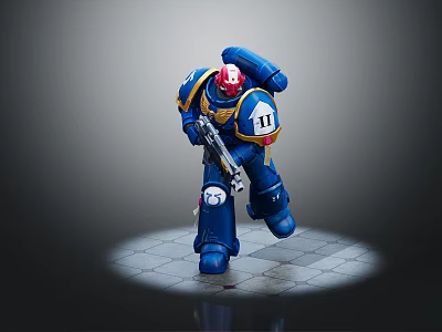 Blue Armored Warrior Robot Figure Numbered 11 Holding Gun Under Spotlight On Gray Background 3d model