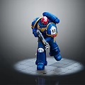 Blue Armored Warrior Robot Figure Numbered 11 Holding Gun Under Spotlight On Gray Background