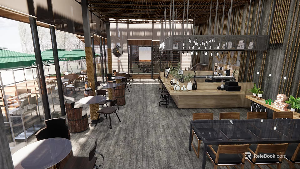 Modern Restaurant Interior With Wooden Accents Pendant Chandeliers Open Space And Outdoor Green Umbrellas 3d model 