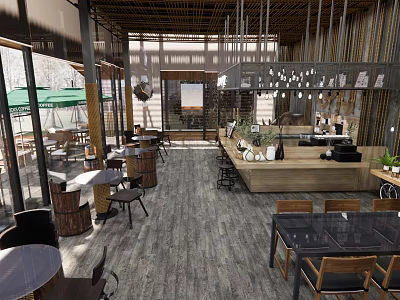 Modern Restaurant Interior With Wooden Accents Pendant Chandeliers Open Space And Outdoor Green Umbrellas 3d model