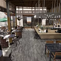 Modern Restaurant Interior With Wooden Accents Pendant Chandeliers Open Space And Outdoor Green Umbrellas