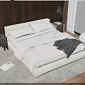 Beige Double Bed In Modern Bedroom With Wooden Wall Paneling Nightstand Lamp And Sea View Window