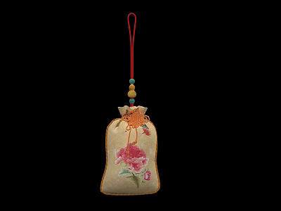 Sachet Pendant In Beige Fabric With Red Flower Embroidery Red Hanging Cord And Colorful Beads 3d model