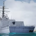 Military Warship Cannon Firing With Flames And Smoke At Sea Surface