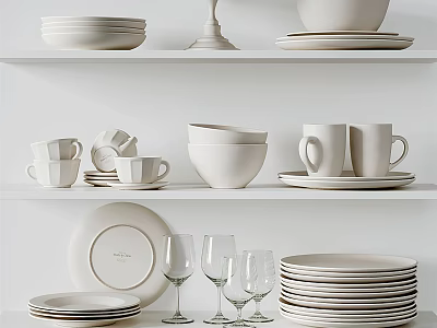 White Shelves Displaying Plates Bowls Mugs And Wine Glasses Kitchenware Collection 3d model