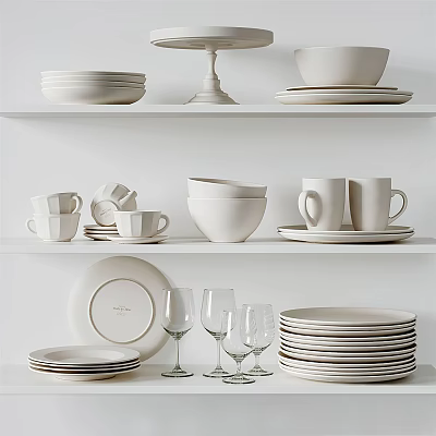 White Shelves Displaying Plates Bowls Mugs And Wine Glasses Kitchenware Collection 3d model