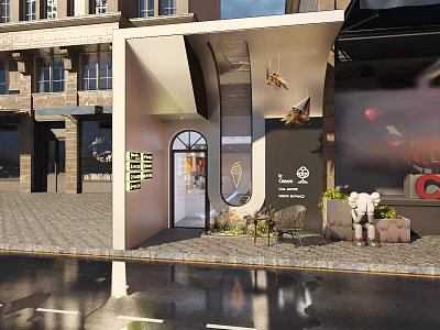 Modern Dessert Shop Exterior With Glass Door Outdoor Seating And Decorative Plants 3d model