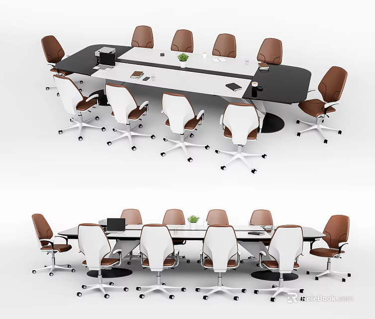 Modern Conference Table With Brown And White Wheeled Chairs Laptop And Green Plant In Office 3d model 