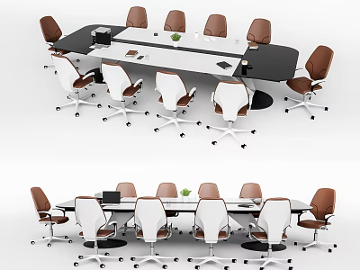 Modern Conference Table With Brown And White Wheeled Chairs Laptop And Green Plant In Office 3d model