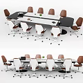 Modern Conference Table With Brown And White Wheeled Chairs Laptop And Green Plant In Office