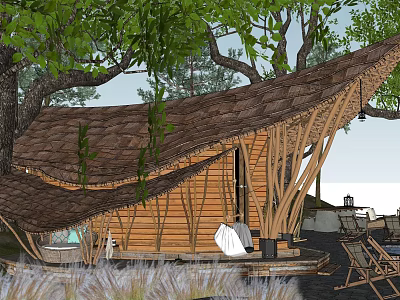 Bamboo Guesthouse Building With Curved Roof Natural Trees And Outdoor Seating 3d model