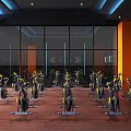 Fitness Studio With Many Spin Bikes And Modern Lighting