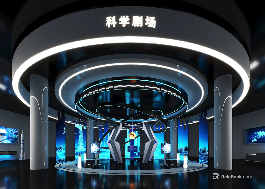 Modern Science Theater Interior With Circular Structure And Blue Lighting Effects 3d model 