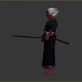 Man With Red Skin And White Hair In Dark Kimono Holding Sword And Purple Sash