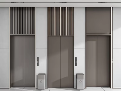 Modern Elevator Lobby Featuring Three Sleek Brown Doors White Walls Vertical Slats and Polished Flooring 3d model