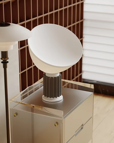 Modern Table Lamp With White Shade And Gray Base On Clear Acrylic Display Stand 3d model