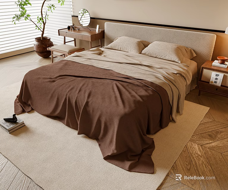 Double Bed Bedroom Interior With Brown Beige Bedding Nightstand And Wooden Floor 3d model 