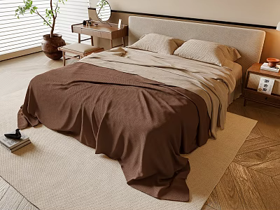 Double Bed Bedroom Interior With Brown Beige Bedding Nightstand And Wooden Floor 3d model