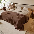 Double Bed Bedroom Interior With Brown Beige Bedding Nightstand And Wooden Floor