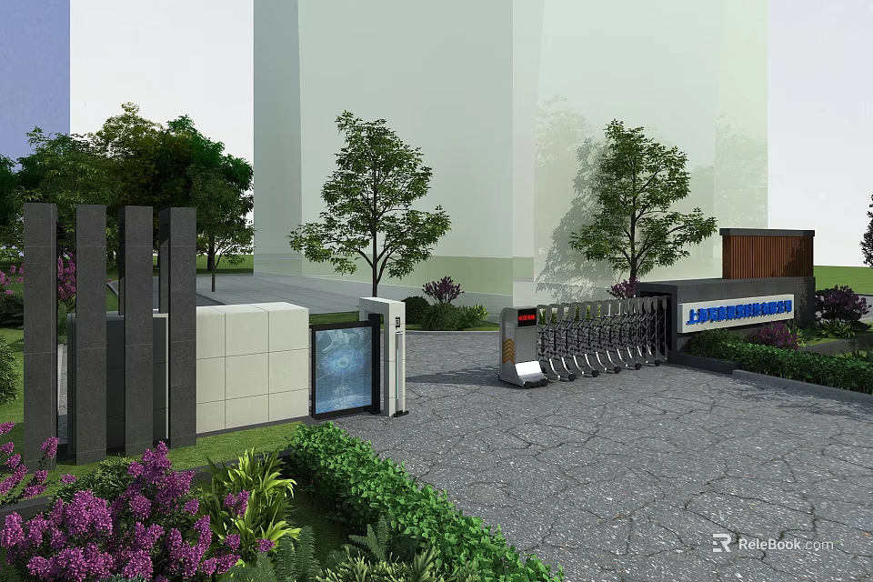 Modern Entrance Gate Design With Metal Railings And Landscaped Gardens Near Building 3d model 