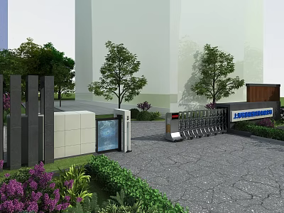 Modern Entrance Gate Design With Metal Railings And Landscaped Gardens Near Building 3d model