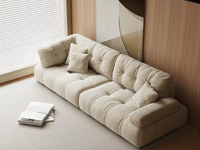 Beige Two Seater Sofa with Plush Cushions Wooden Wall and Window Blinds Near Open Book 3d model