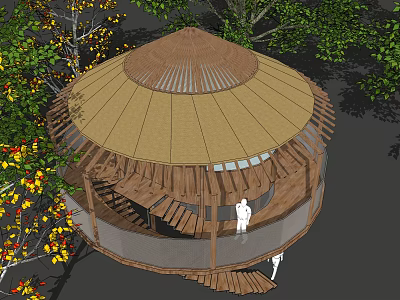 Circular Wooden House With Thatch Roof Surrounded By Trees And Terrace Staircase 3d model