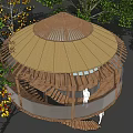 Circular Wooden House With Thatch Roof Surrounded By Trees And Terrace Staircase