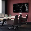 Modern Conference Room With Large Windows Meeting Table Chairs Red Accent Wall And Wall Screen