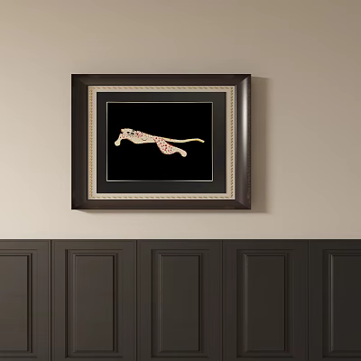 Leaping Cheetah Animal Painting With Black Background And Dark Wooden Frame Hanging On Wall 3d model