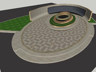 Modern Landscape Seats With Curved Structure Green Lawn And Circular Geometric Pavement 3d model