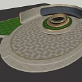 Modern Landscape Seats With Curved Structure Green Lawn And Circular Geometric Pavement