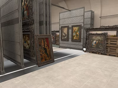 Framed Oil Paintings In Storage Area With Metal Racks And Multiple Artworks 3d model
