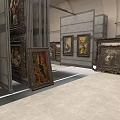 Framed Oil Paintings In Storage Area With Metal Racks And Multiple Artworks