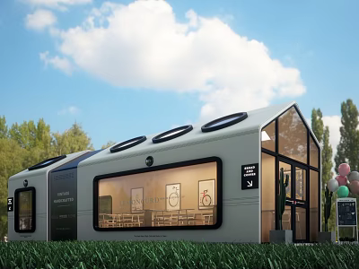 Modern Car Showroom Building With Glass Facade Skylights And Green Surroundings 3d model
