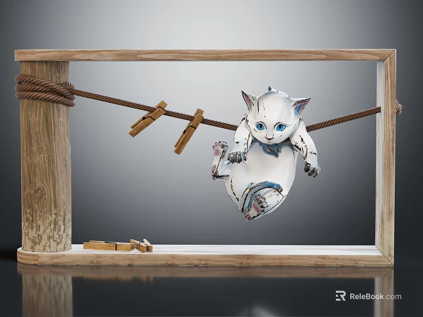 White Cat Doll Hanging On Clothesline With Wooden Frame And Clothespins 3d model 