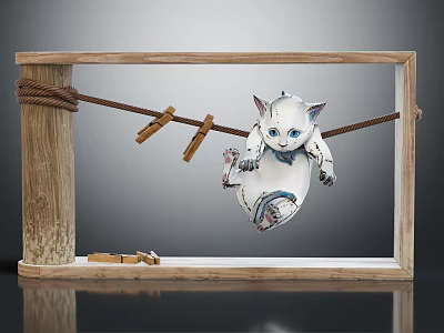 White Cat Doll Hanging On Clothesline With Wooden Frame And Clothespins 3d model
