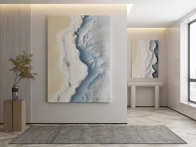 Modern Interior With Beige Blue Sand Wave Texture Wall Paintings Wooden Table Plant Gray Rug 3d model