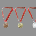 Gold Silver Bronze Medals with Red Ribbons Award Display on Dark Background
