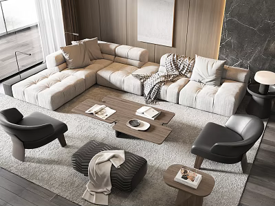 Modern Beige L shaped Sofa With Wooden Coffee Table Books Blanket And Black Accent Chairs 3d model