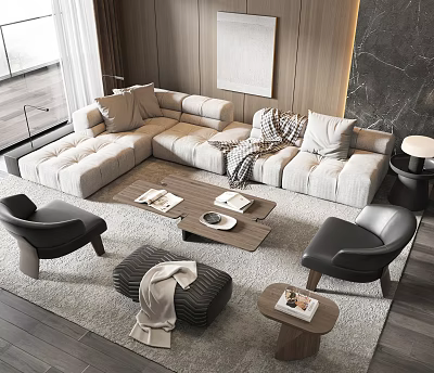 Modern Beige L shaped Sofa With Wooden Coffee Table Books Blanket And Black Accent Chairs 3d model