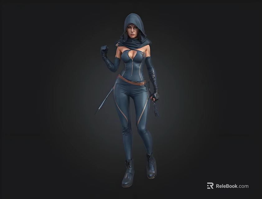 Hooded Female Character In Dark Tight Fitting Suit With Dual Weapons Standing Against Black Background 3d model 