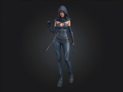 Hooded Female Character In Dark Tight Fitting Suit With Dual Weapons Standing Against Black Background 3d model