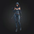 Hooded Female Character In Dark Tight Fitting Suit With Dual Weapons Standing Against Black Background