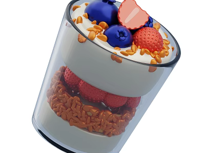Layered Yogurt Parfait With Granola Blueberries And Strawberries In Glass Cup 3d model
