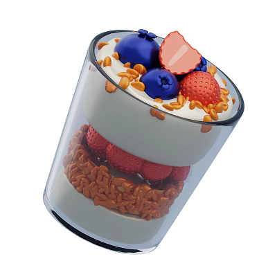 Layered Yogurt Parfait With Granola Blueberries And Strawberries In Glass Cup 3d model
