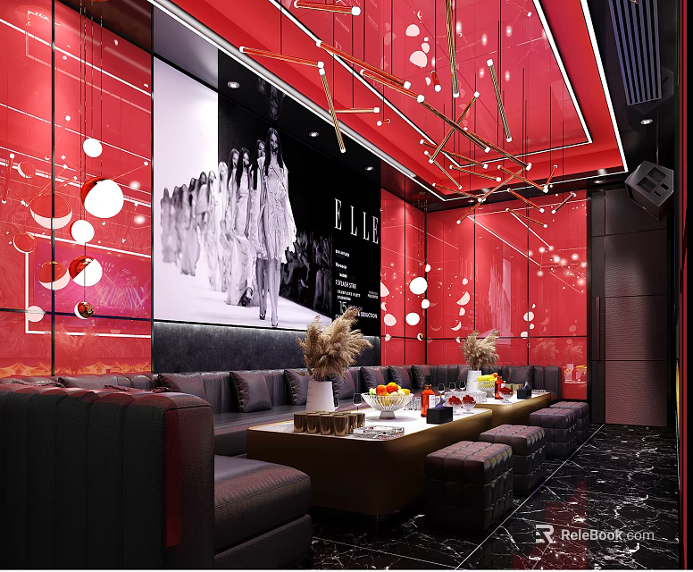 Stylish KTV Interior With Red Decor Dark Sofas ELLE Poster Fruit Drinks And Decorative Lights 3d model