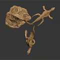 Golden Animal Sculptures With Antlers On Shiny Base And Dark Background