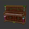 Vintage Red Upright Piano With Ornate Carvings And Wooden Cabinet Design