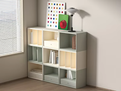 Gray White Storage Cabinet with Compartments Drawers Colorful Polka Dot Painting Red Apple Table Lamp 3d model